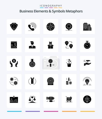 Téléchargez les illustrations : Creative Business Elements And Symbols Metaphors 25 Glyph Solid Black icon pack  Such As building. ship. signals. boat. location - en licence libre de droit