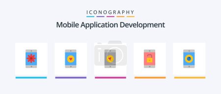 Téléchargez les illustrations : Mobile Application Development Flat 5 Icon Pack Including application. mobile application. heart. mobile. poniter. Creative Icons Design - en licence libre de droit
