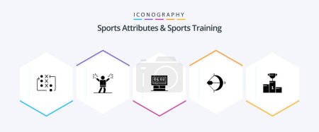 Illustration for Sports Atributes And Sports Training 25 Glyph icon pack including shoot. arrow. fan. archery. scoreboard - Royalty Free Image
