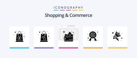 Téléchargez les illustrations : Shopping And Commerce Glyph 5 Icon Pack Including promotion tool. quality. cash billfold. guaranteed label. award. Creative Icons Design - en licence libre de droit