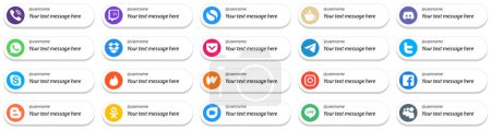 Illustration for 20 Social Media Platform Card Style Follow Me Icons with Customizable Message such as telegram. discord. pocket and whatsapp icons. Fully customizable and professional - Royalty Free Image