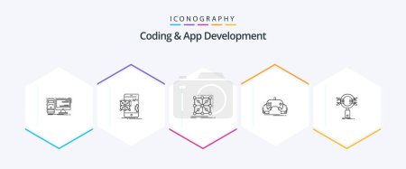 Téléchargez les illustrations : Coding And App Development 25 Line icon pack including mobile. game. development. complex. app - en licence libre de droit