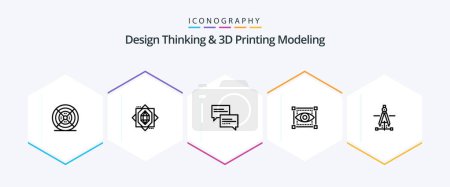 Illustration for Design Thinking And D Printing Modeling 25 Line icon pack including drawing. eye. chat. sketching. visual - Royalty Free Image