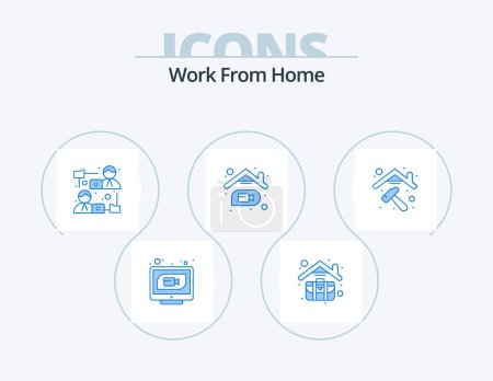 Téléchargez les illustrations : Work From Home Blue Icon Pack 5 Icon Design. online. communication. work home. home. file sharing - en licence libre de droit