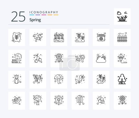 Téléchargez les illustrations : Spring 25 Line icon pack including spring. calendar. leaf. growing seed. leaf - en licence libre de droit