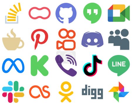 Illustration for 20 Flat Vector Art Flat Social Media Icons discord. pinterest. google hangouts and caffeine icons. Modern Gradient Icon Set - Royalty Free Image