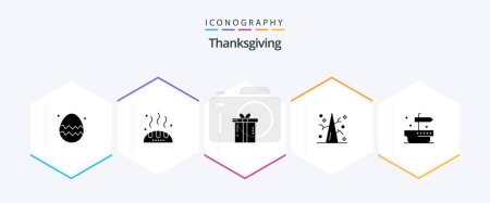 Téléchargez les illustrations : Thanks Giving 25 Glyph icon pack including ship. tree. dinner. thanksgiving. thanksgiving - en licence libre de droit