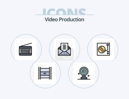 Ilustración de Video Production Line Filled Icon Pack 5 Icon Design. camera lenses. camera accessories. hd streaming. journalist camera - Imagen libre de derechos