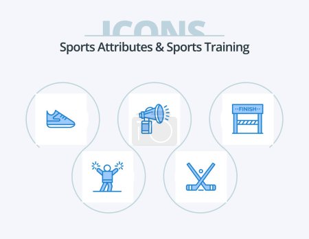 Téléchargez les illustrations : Sports Atributes And Sports Training Blue Icon Pack 5 Icon Design. finish. fan. sticks. can. air - en licence libre de droit