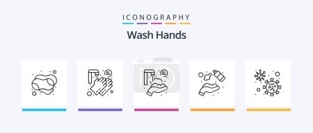 Téléchargez les illustrations : Wash Hands Line 5 Icon Pack Including hand. hand spray. hands. hands. dirty. Creative Icons Design - en licence libre de droit