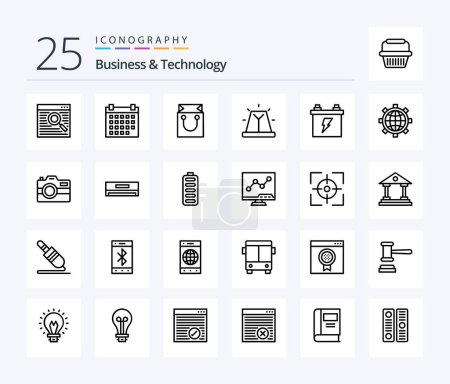 Téléchargez les illustrations : Business & Technology 25 Line icon pack including battery. siren. bag. emergency. alert - en licence libre de droit