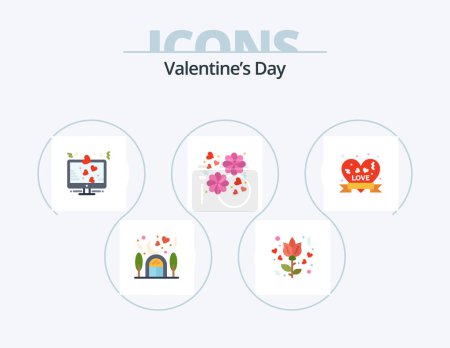 Téléchargez les illustrations : Valentines Day Flat Icon Pack 5 Icon Design. love badge. heart badge. heart. love. flower - en licence libre de droit