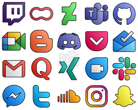 Ilustración de 20 Innovative icons pocket. text. google meet. message and blog Filled Line Style Social Media Icons - Imagen libre de derechos