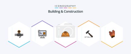 Téléchargez les illustrations : Building And Construction 25 FilledLine icon pack including strong. construction. lcd. hammer. building - en licence libre de droit