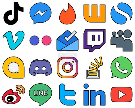 Illustration for 20 Elegant Line Filled Social Media Icons such as myspace. inbox. tinder. yahoo and video Fully editable and customizable - Royalty Free Image