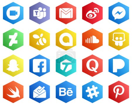 Ilustración de 25 Clean White Icons such as sound. google allo. china. swarm and fb icons. Hexagon Flat Color Backgrounds - Imagen libre de derechos