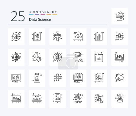 Téléchargez les illustrations : Data Science 25 Line icon pack including analytics. laptop. analytics. ideas. funnel - en licence libre de droit