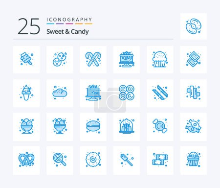 Téléchargez les illustrations : Sweet And Candy 25 Blue Color icon pack including cookie. sweets. candy cane. food. cake - en licence libre de droit