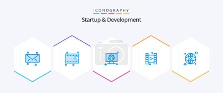 Illustration for Startup And Develepment 25 Blue icon pack including . network. setting. map. film - Royalty Free Image