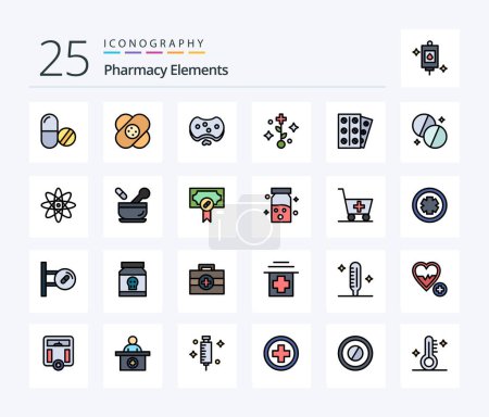 Téléchargez les illustrations : Pharmacy Elements 25 Line Filled icon pack including medicine. tree. care. healthcare. soap - en licence libre de droit