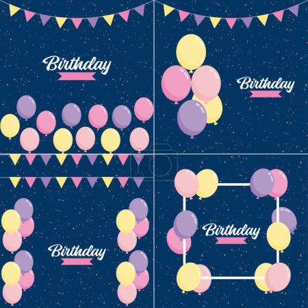 Illustration for Happy Birthday text with a chalkboard-style background and hand-drawn elements such as streamers and balloons. - Royalty Free Image