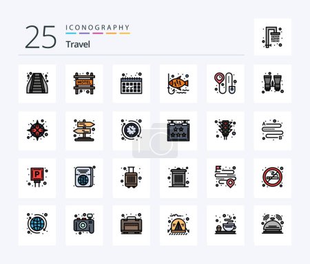 Ilustración de Travel 25 Line Filled icon pack including binocular. check in. dates. booking. hook - Imagen libre de derechos