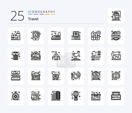 Illustration for Travel 25 Line icon pack including map. route. railway. post. guide - Royalty Free Image