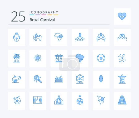 Ilustración de Brazil Carnival 25 Blue Color icon pack including sunset. sun. mask. brazil. palm - Imagen libre de derechos