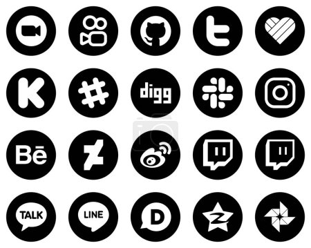 Illustration for 20 Clean White Social Media Icons on Black Background such as behance. meta. likee. instagram and digg icons. Modern and minimalist - Royalty Free Image