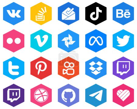 Illustration for 20 Versatile White Icons meta. video. video. vimeo and flickr Hexagon Flat Color Backgrounds - Royalty Free Image