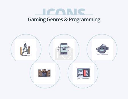 Ilustración de Gaming Genres And Programming Line Filled Icon Pack 5 Icon Design. pistol. gun. robotic. gloves. competition - Imagen libre de derechos