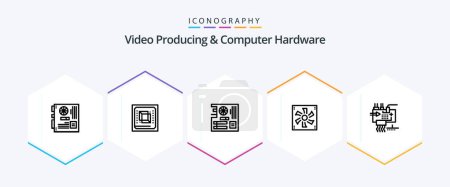 Illustration for Video Producing And Computer Hardware 25 Line icon pack including cooler. cooler fan. hardware. mother. main - Royalty Free Image