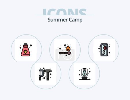 Téléchargez les illustrations : Summer Camp Line Filled Icon Pack 5 Icon Design. travel. chair. camping. travel. camping - en licence libre de droit
