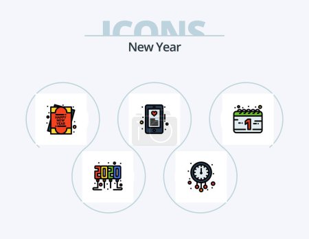 Téléchargez les illustrations : New Year Line Filled Icon Pack 5 Icon Design. new. greetings. calendar. card. new year - en licence libre de droit