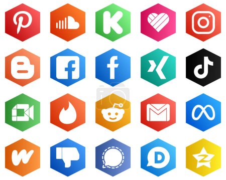 Téléchargez les illustrations : 25 Versatile White Icons such as douyin. xing. meta and facebook icons. Hexagon Flat Color Backgrounds - en licence libre de droit