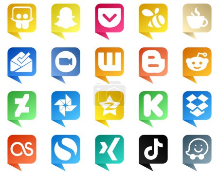 Illustration for 20 Chat bubble style Social Media Icons for Popular Brands such as google photo. reddit. zoom. blog and wattpad icons. Creative and eye catching - Royalty Free Image