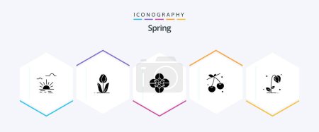 Téléchargez les photos : Spring 25 Glyph icon pack including sun flower. food. rose. cherry. spring flower - en image libre de droit