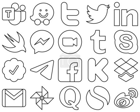 Illustration for 20 Modern and professional Black Line Social Media Icons such as chat. tumblr. messenger and video icons. High-definition and professional - Royalty Free Image