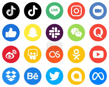 Illustration for 20 High-quality White Icons wechat. snapchat and facebook Flat Circle Backgrounds - Royalty Free Image