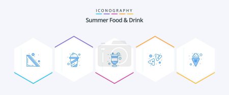 Téléchargez les illustrations : Summer Food and Drink 25 Blue icon pack including dessert. snack. drink. nachos. chips - en licence libre de droit