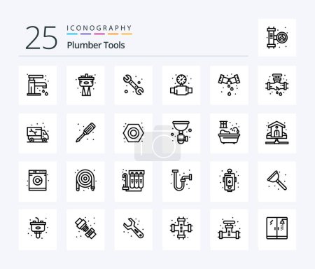 Téléchargez les illustrations : Plumber 25 Line icon pack including pipe. plumbing. gauge. plumber. leak - en licence libre de droit