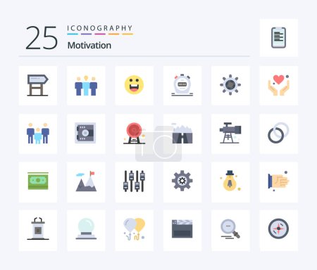 Ilustración de Motivation 25 Flat Color icon pack including wheel. boat. emojis. stopwatch - Imagen libre de derechos