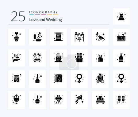 Téléchargez les illustrations : Wedding 25 Solid Glyph icon pack including bird. wedding. ring. love. wedding - en licence libre de droit
