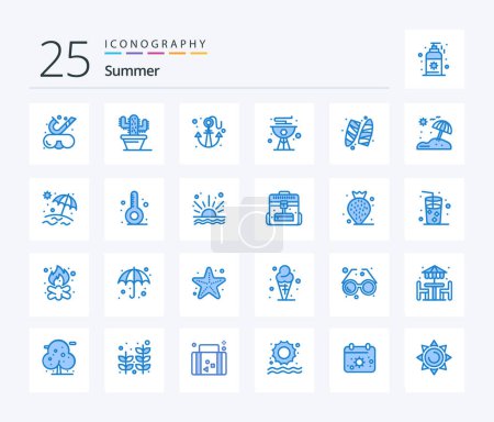 Téléchargez les illustrations : Summer 25 Blue Color icon pack including sports. summer. beach. grill. cook - en licence libre de droit