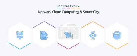 Illustration for Network Cloud Computing And Smart City 25 Blue icon pack including surveillance. infrastructure. share. message. discussion - Royalty Free Image