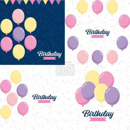 Illustration for Birthday banner with frame and hand-drawn cartoon watercolor balloons symbolizing a birthday party design suitable for holiday greeting cards and birthday invitations - Royalty Free Image