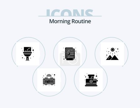 Illustration for Morning Routine Glyph Icon Pack 5 Icon Design. weather. sunrise. sink. news letter. newspaper - Royalty Free Image