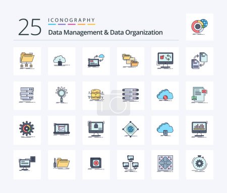 Ilustración de Data Management And Data Organization 25 Line Filled icon pack including management. folder. data. arrows. data - Imagen libre de derechos