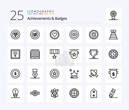 Téléchargez les illustrations : Achievements & Badges 25 Line icon pack including badge. wreath. achievement. eye. achievement - en licence libre de droit