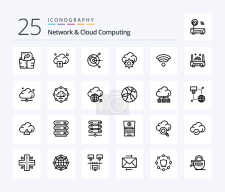 Ilustración de Network And Cloud Computing 25 Line icon pack including electronic. wireless. disk. wifi. technology - Imagen libre de derechos
